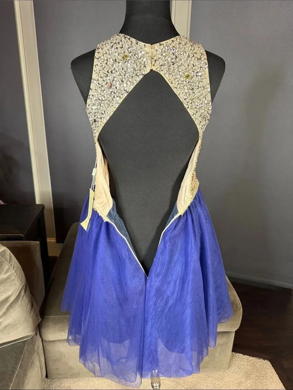 Women’s Embellished Sequin Beaded Bodice Royal Blue Tulle Party Dress Size 2 NWT